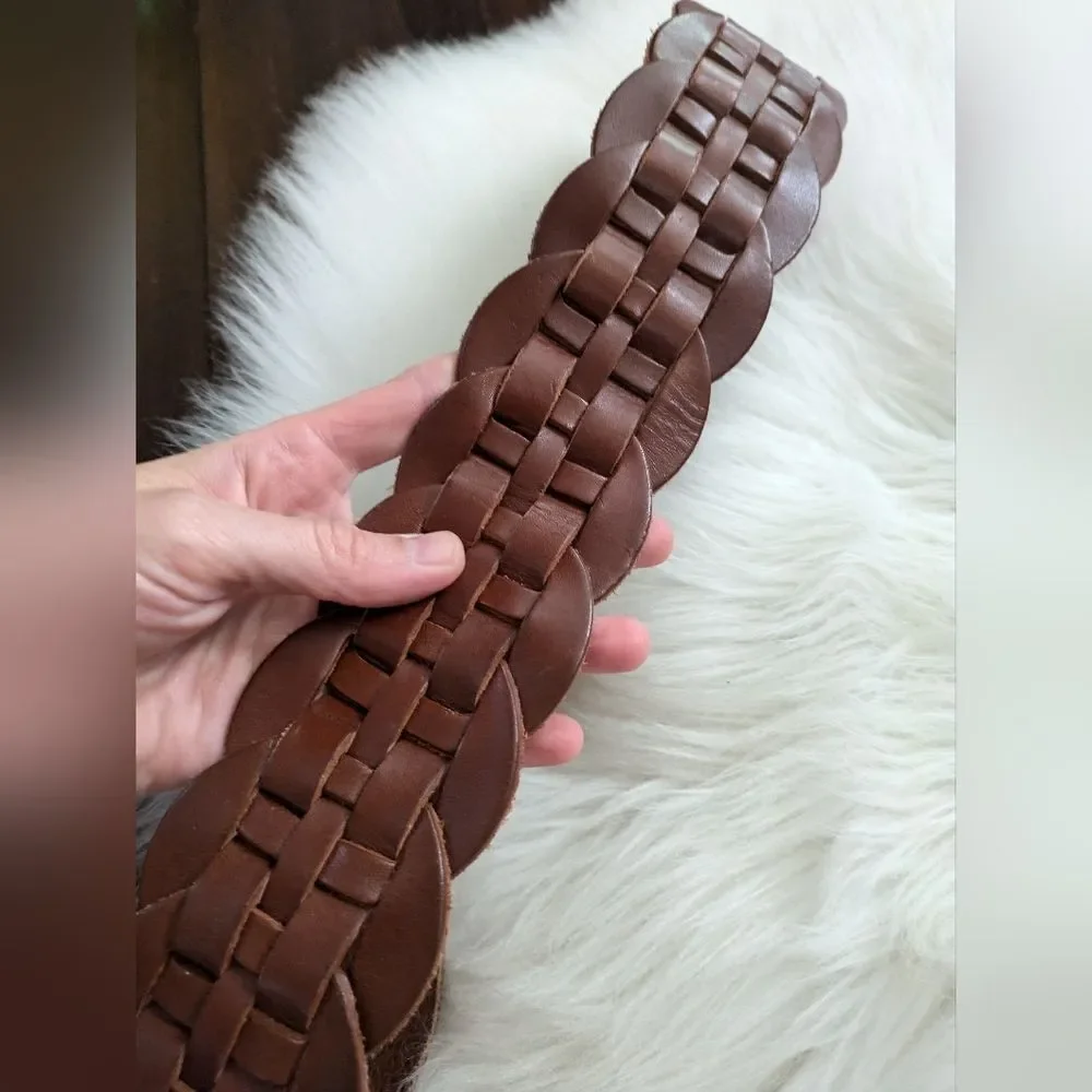Vintage Gap Y2K 2000s wide braided woven brown leather belt boho S Small